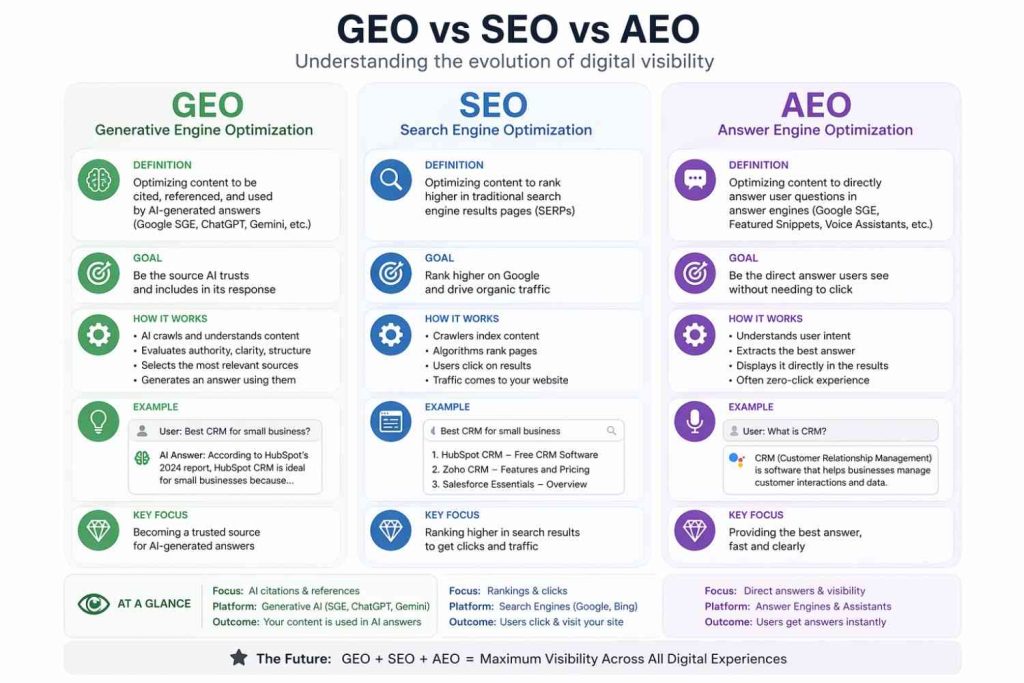 GEO vs SEO vs AEO — difference explained by Qrenzy Digital Solutions